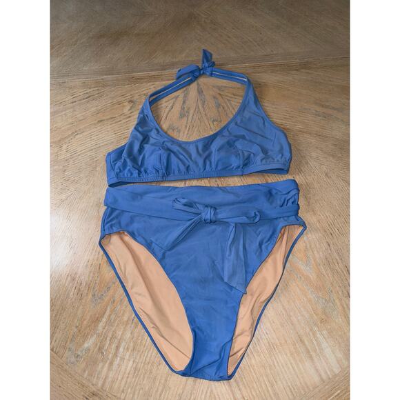 J. Crew blue halter top and high waisted tie waist bikini bottom set size large - Picture 1 of 7